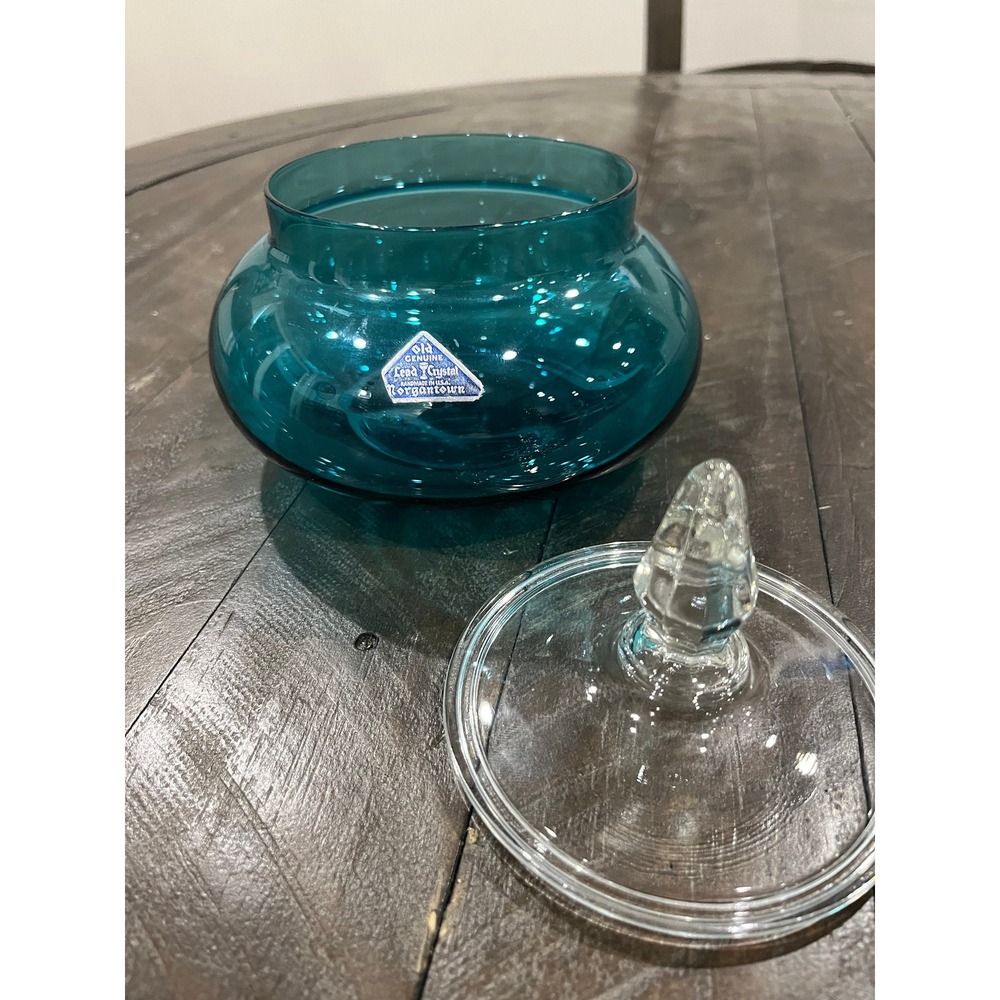 Morgantown Glass PALACE Candy Box Peacock Blue #9952 Decor Line Sticker MCM Vtg - Picture 3 of 8
